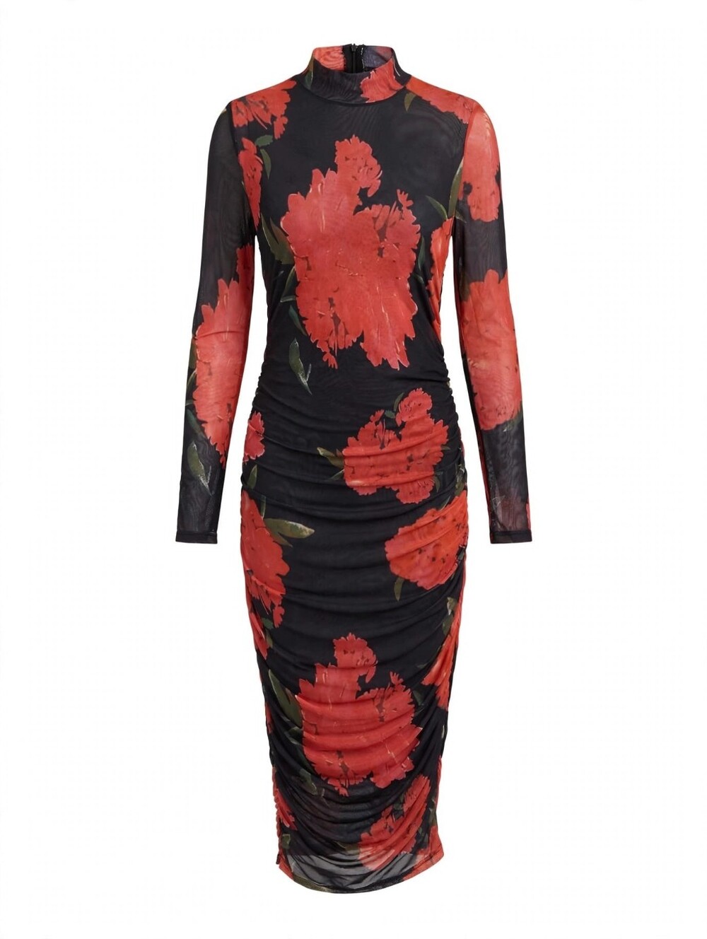 Floral Ruched Long Sleeve Midi Dress - Black/Red